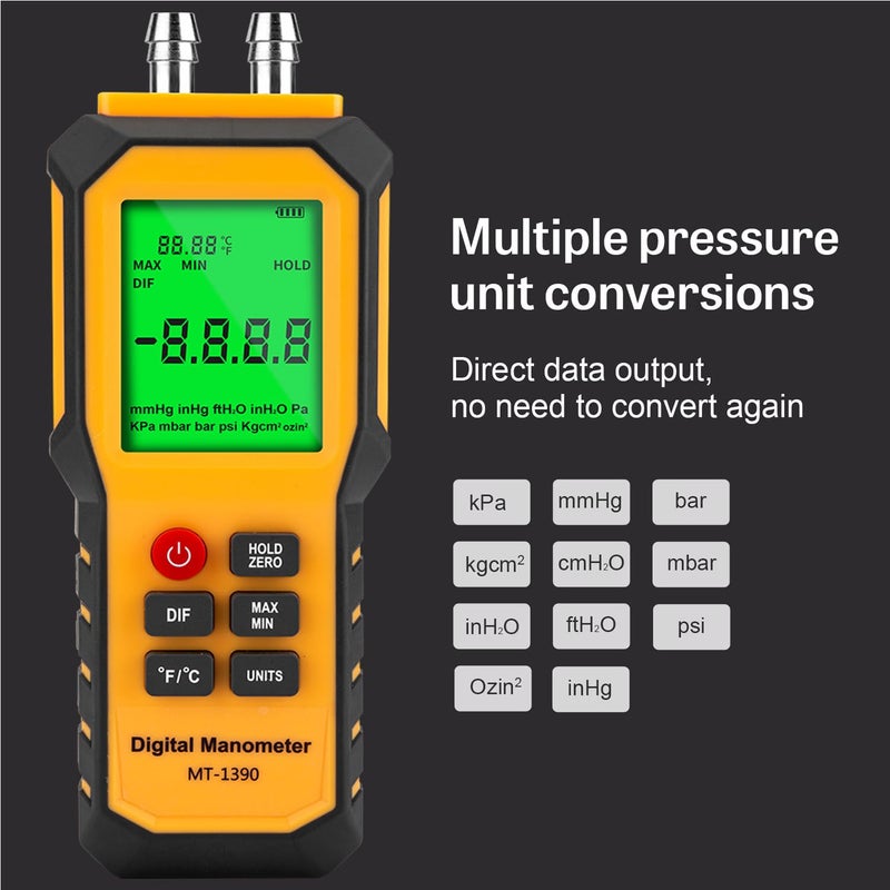 YZTMETER 5/16 Inches Diameter Pressure Port Digital Manometer, YZT Meter Dual Port Air Pressure Meter Pressure Gauge HVAC Gas Tester, Differential Pressure Manometer - Image 2